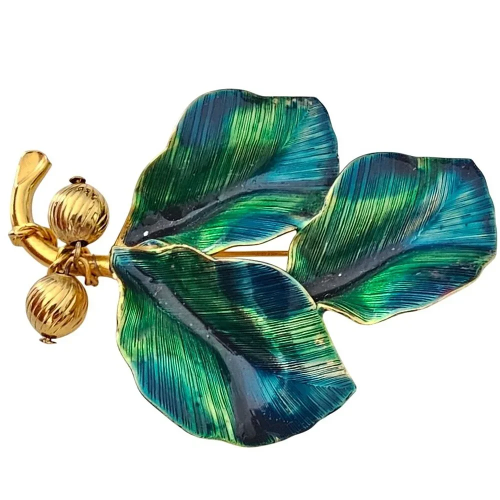 Blue Green Vintage Leaves Brooch Brass Bead Enamel Wired Leaf Pin J319